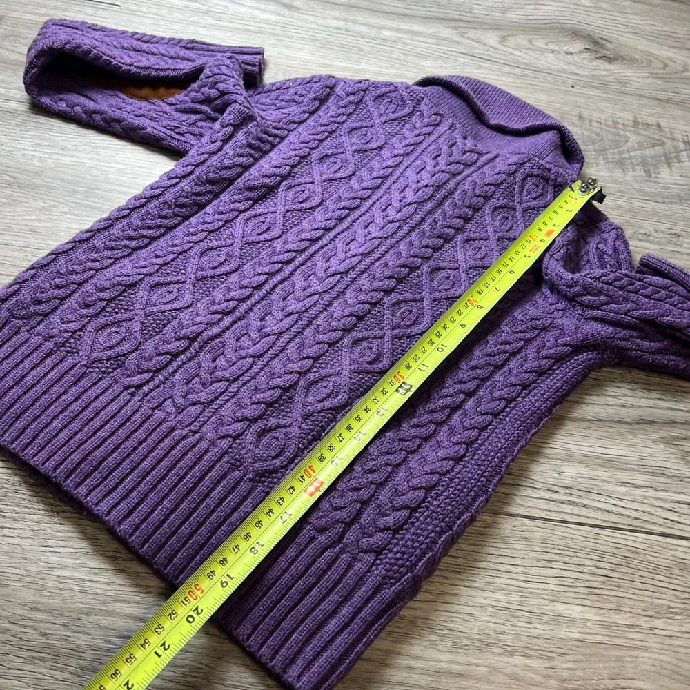 Ralph Lauren Cardigan Girls L 12/14 Purple Cable Knit Suede Elbow Patch Sweater